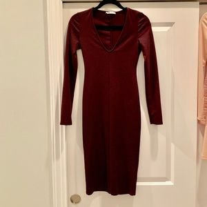 ZARA LONG SLEEVE V-NECK FITTED MIDI DRESS